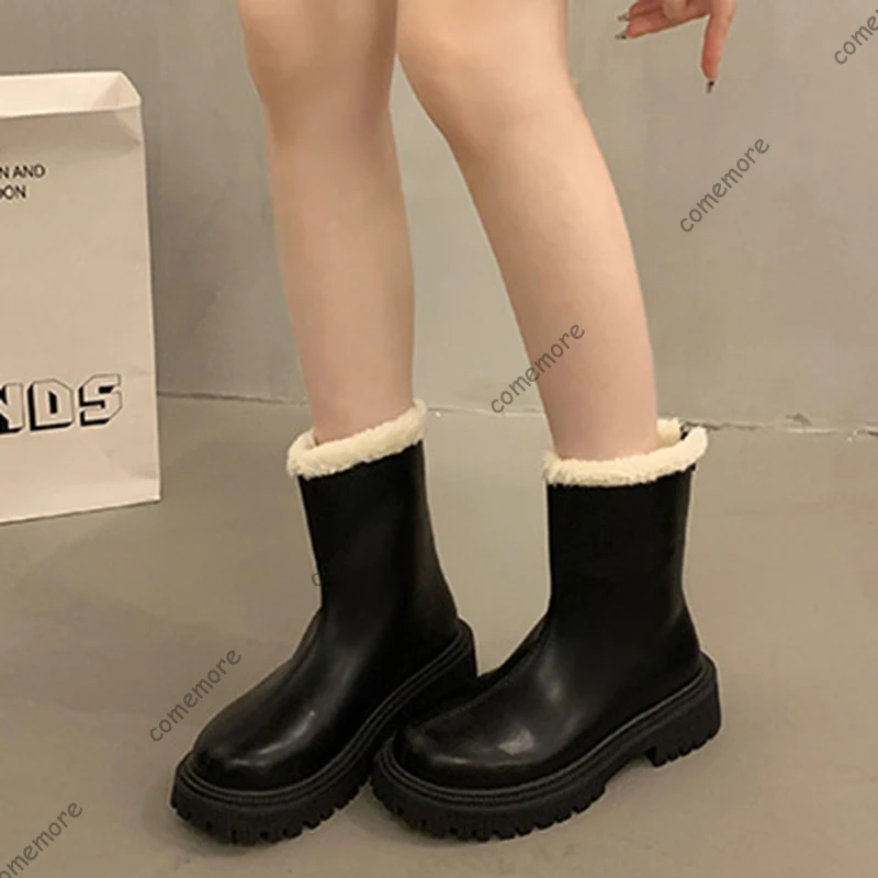 Comemore Winter Women Warm Plush Boots Comfort Padded Round Head Thick Bottom Female Shoes Casual Middle Heel Leather Botas