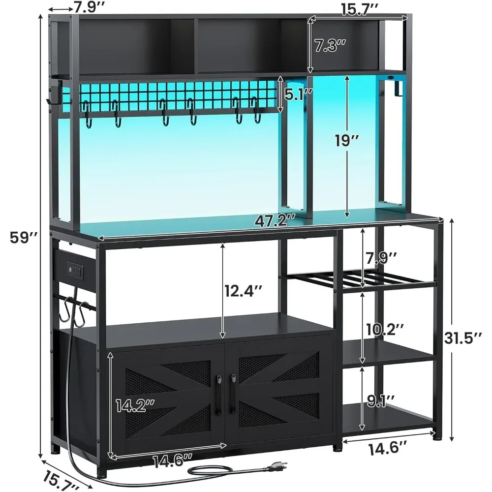 47.2 Inch Bakers Rack with Power Outlet, Microwave Stand with Storage, Farmhouse Coffee Bar Cabinet Station with Wine Rack