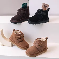 Kids Genuine Cowhide Snow Boots Winter Baby Soft Warm Cotton Shoes With Plush Boys Girls One Fur Suede Boots Princess Retro Boot