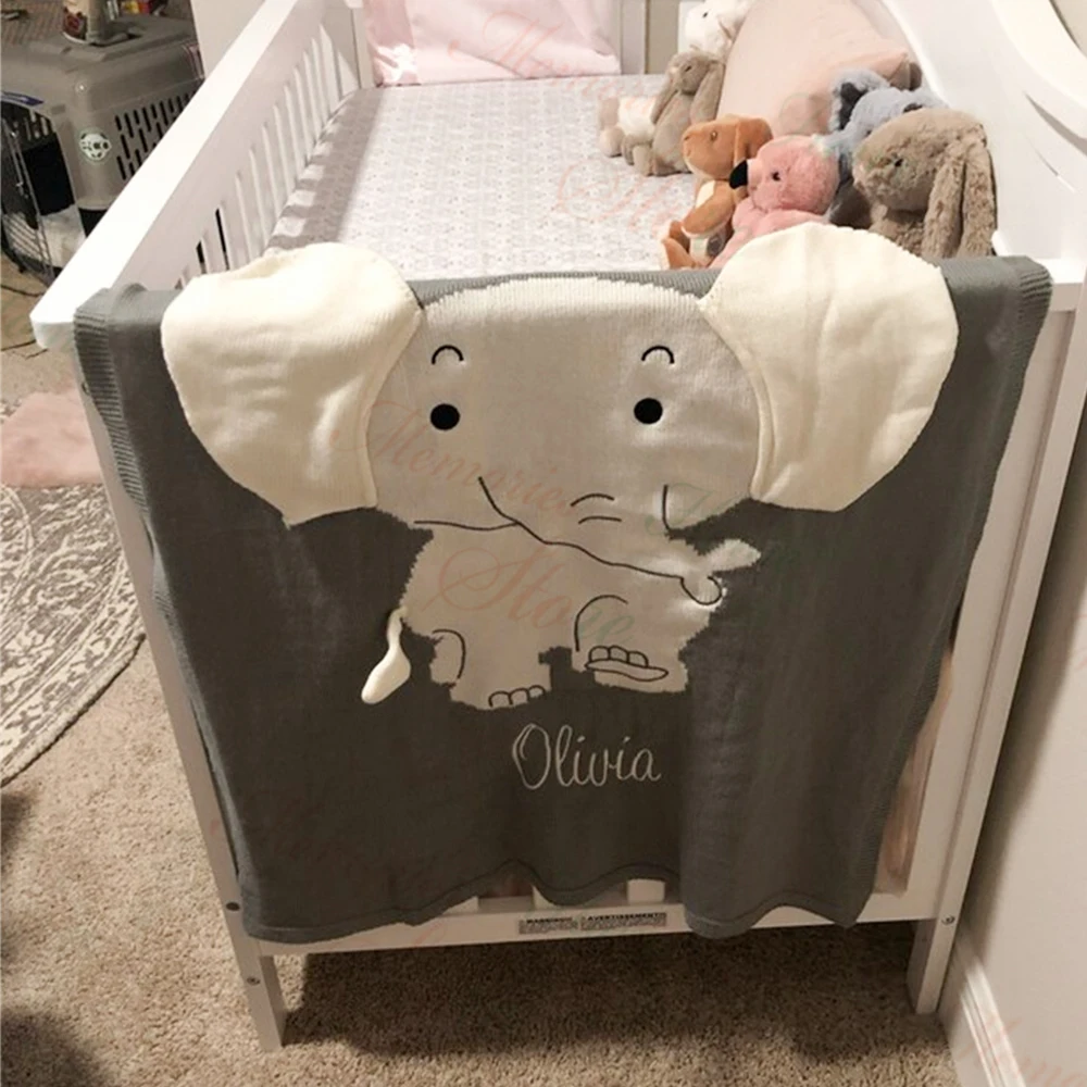 

Personalized Name Cartoon Elephant Baby Blanket Custom Monogram Embroidered Name Cotton Knit Blanket Baby Shower Gift Blankets