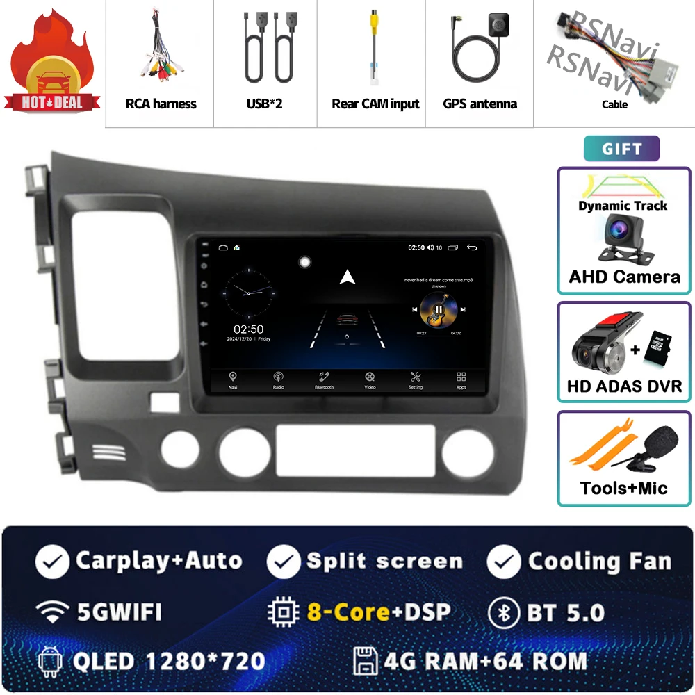 Android 15 Voor Honda Civic 8 FK FN FD 2005-2012 2K QLED Android Autoradio Multimedia Video speler GPS 4G CarPlay Stereo