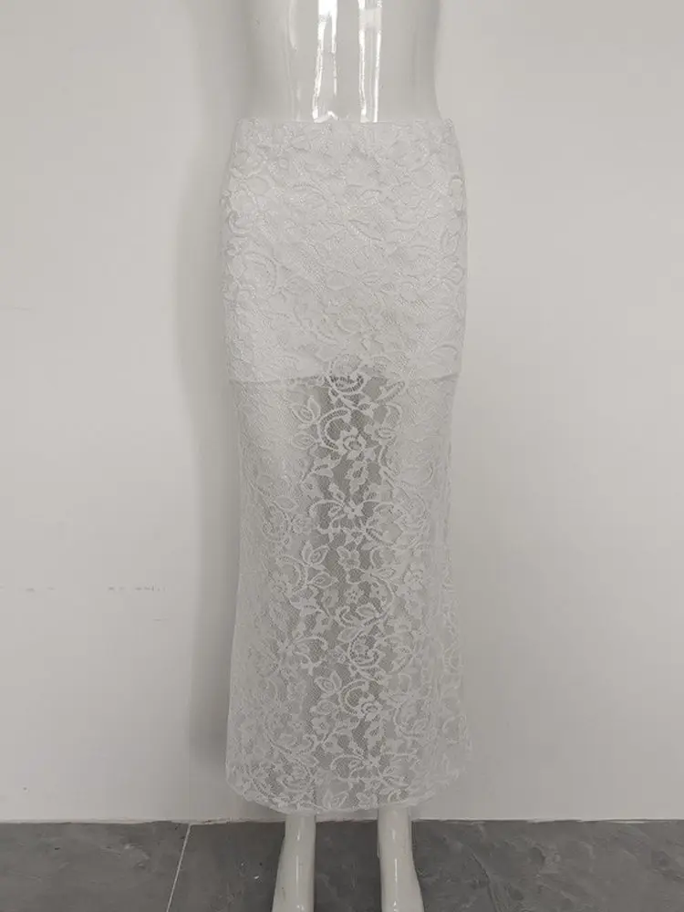 エレフィテールレーススカート、アンダーレイ付き透明デザイン、クロスボーダー2025新作、女性用ファションミディスカート