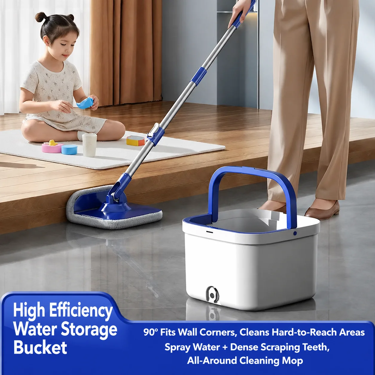 New Hands-Free Square Mop with 2.6L Bucket Separate Clean Dirty Water System with 1/4 Washable Mop Pads 360° Rotating Flat Mop