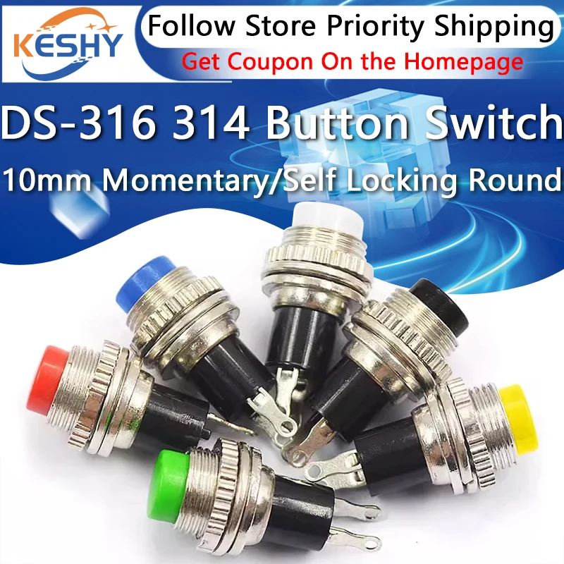 

5Pcs 10MM Small Button DS-316 DS-314 Lock-free Self-reset Doorbell Horn Round Power Jog Key OFF-(ON) Push Button Switch 2Pin