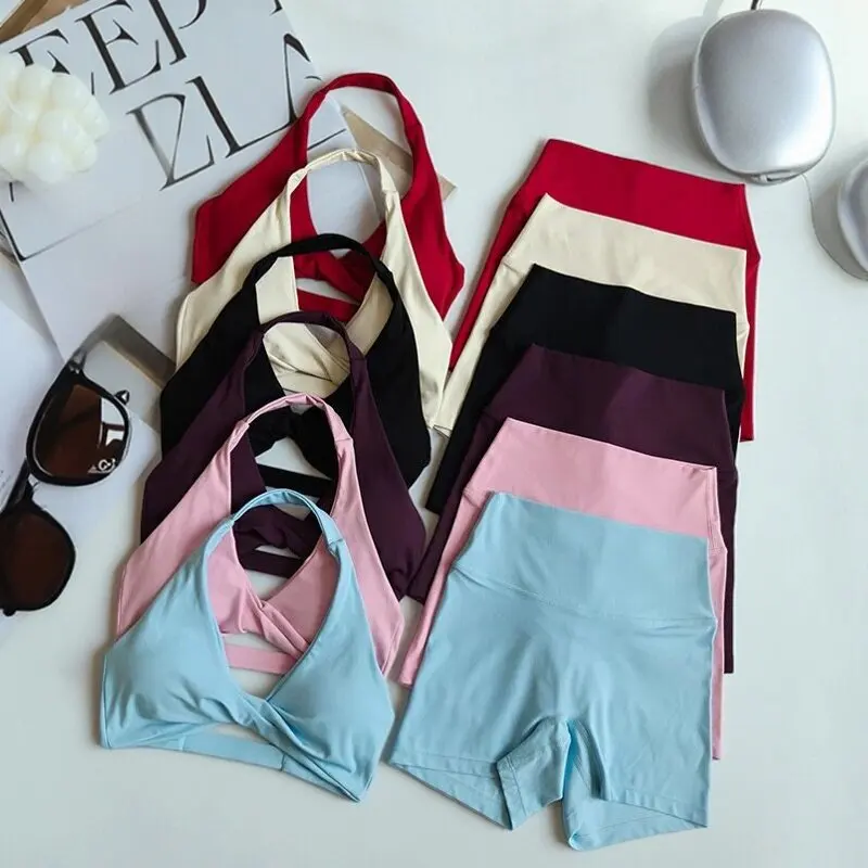Hanging Neck Beautiful Back Push-up Breast-showing Sports Bra Women's Pilates Vest Training Yoga Wear Shorts Set Fitness Bra