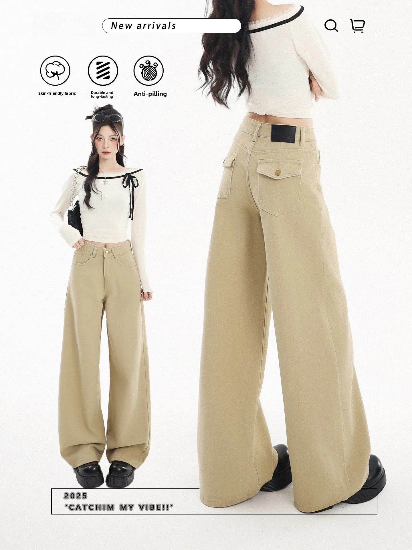 

Offcat Autumn Winter Loose Fit High Waist Wide Leg Denim Pants Women's Khaki Fleece Lined Casual Straight Cut Jeans