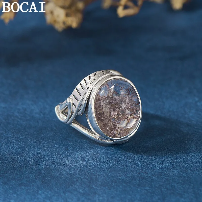 BOCAI S925 Sterling Silver Charms Rings for Women Men New Fashion Hollow Leaves Round Natural Ghost Crystal Jewelry