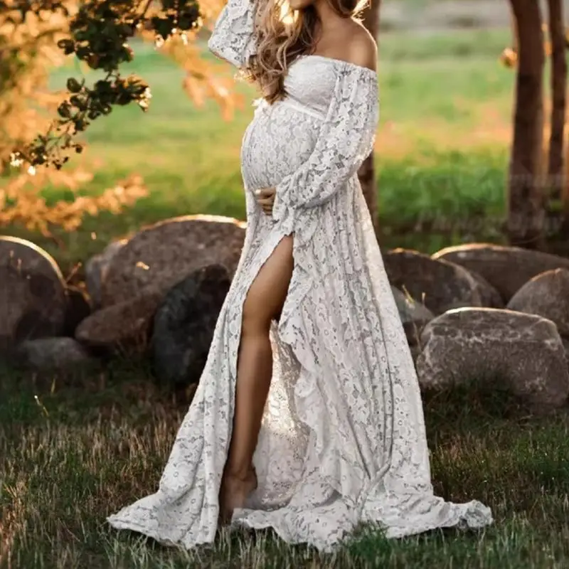 Maternity Photoshoot Dress Set for Pregnant Women, White Lace Off Shoulder Portrait Outfit with Nursing-Friendly Design A2UB