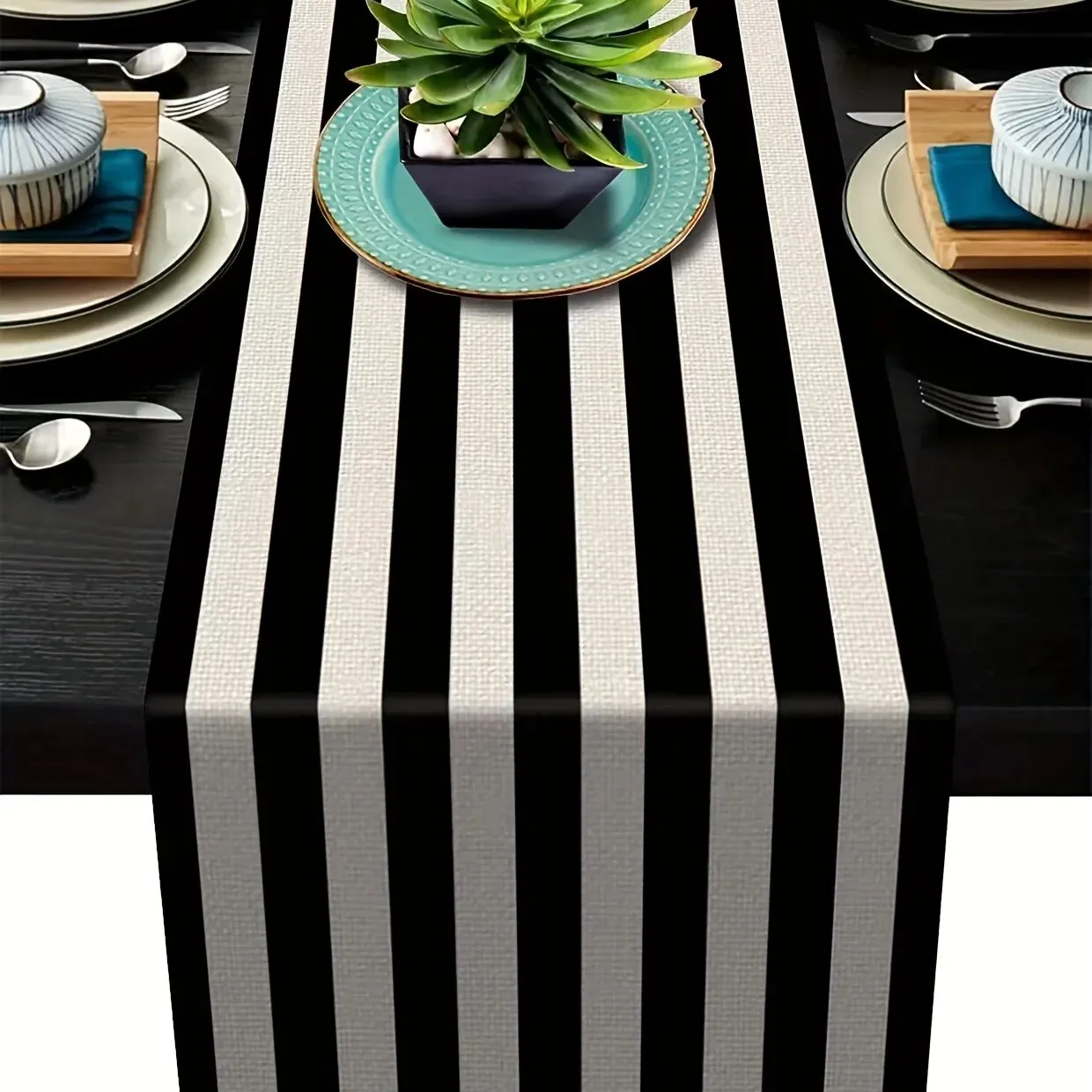 1pc Geometric Stripe Linen Table Runner, Modern Simple Black AndWhite Plaid Classic Vintage Table Cloth, Home Decoration