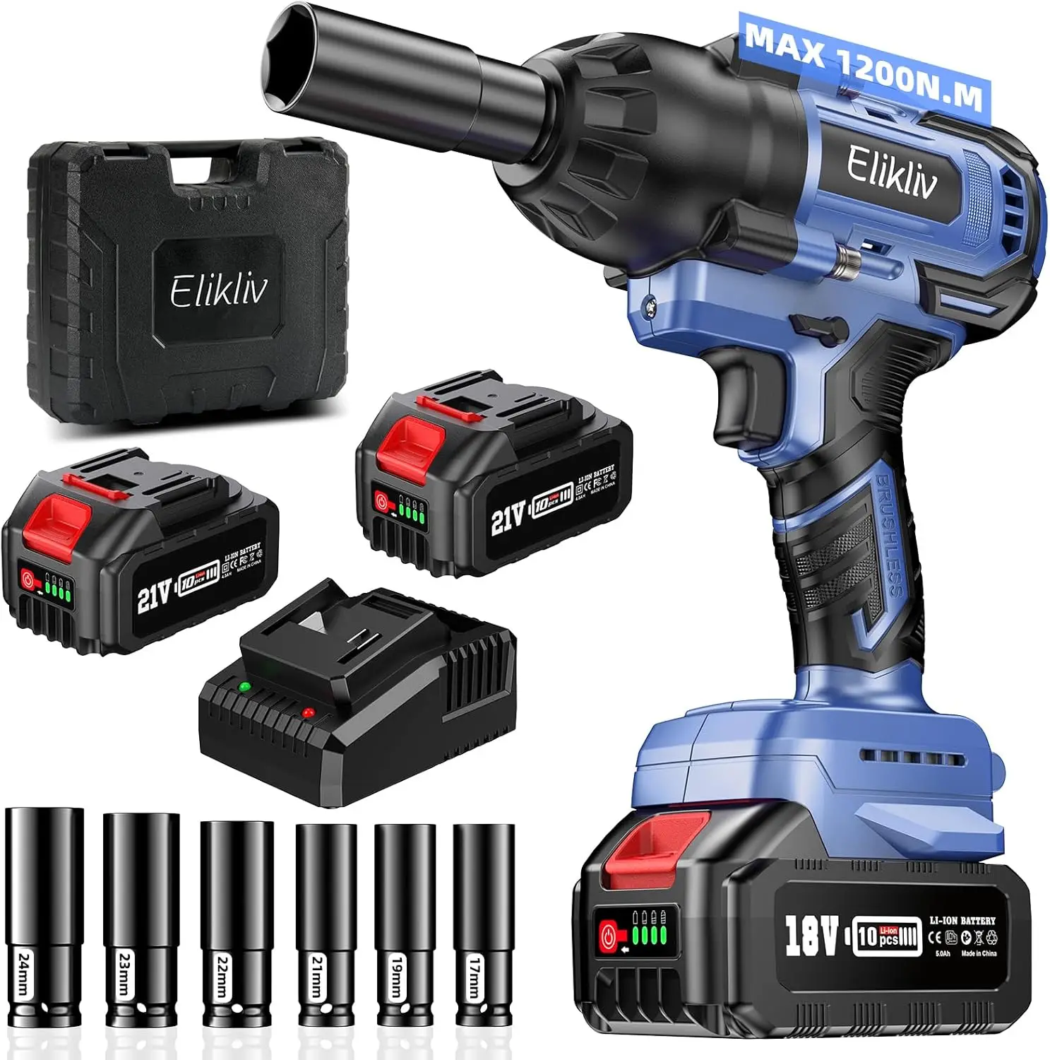 Cordless Impact Wrench 1/2 Inch, 900 Ft-lbs High Torque Brushless Power Impact Gun, 2x5000 mAh Battery, Fast Charge & 6 Sockets,