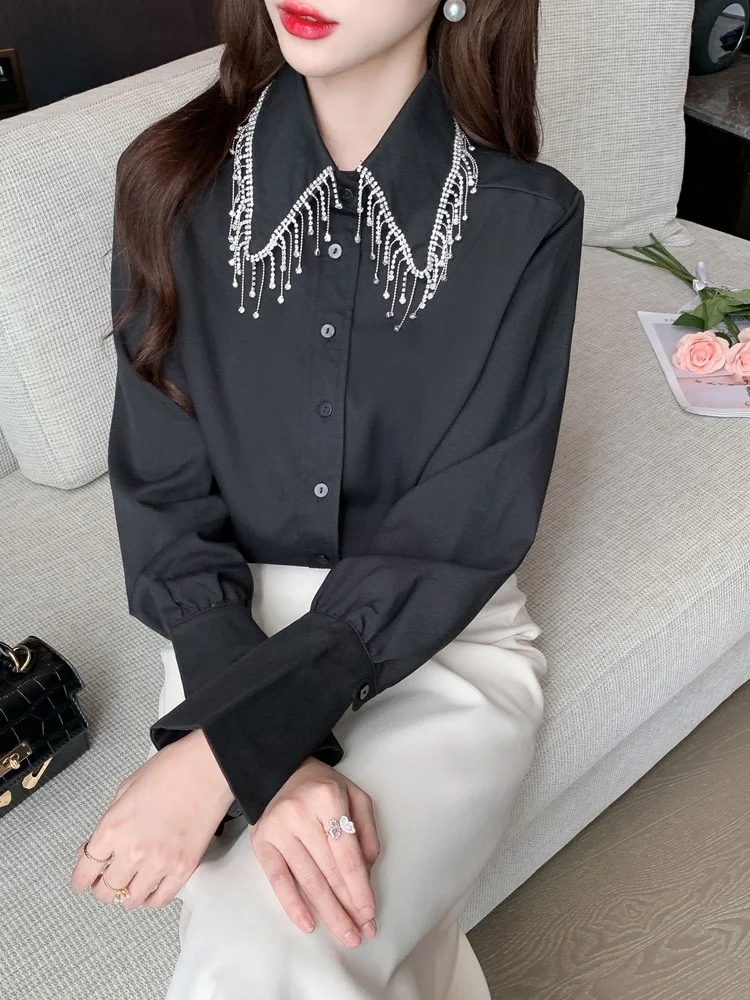 New Spring Fashion High-End Tassel Bead Shirt Light Luxury Chic Long Sleeved Top