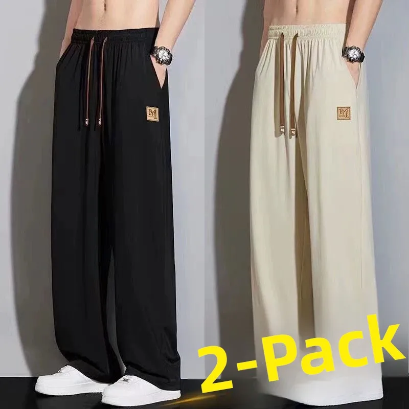 

Men's Summer Straight Leg Ice Silk Sports Casual Pants Loose Wide Leg Loose Fit Breathable Polyester Fiber mid Waist Trousers