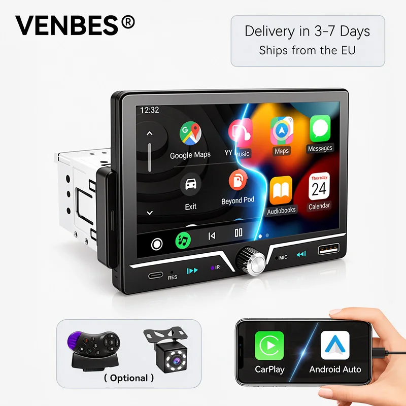 VENBES Radio samochodowe Carplay Android Auto 7-calowy ekran dotykowy 1 Din Bluetooth Mirrorlink kamera cofania