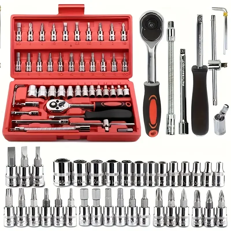 46 Piece Drive Socket Ratchet Wrench Set with Drill Socket Set Metric & Extension Rod, Car Repair & Home Use with Storage