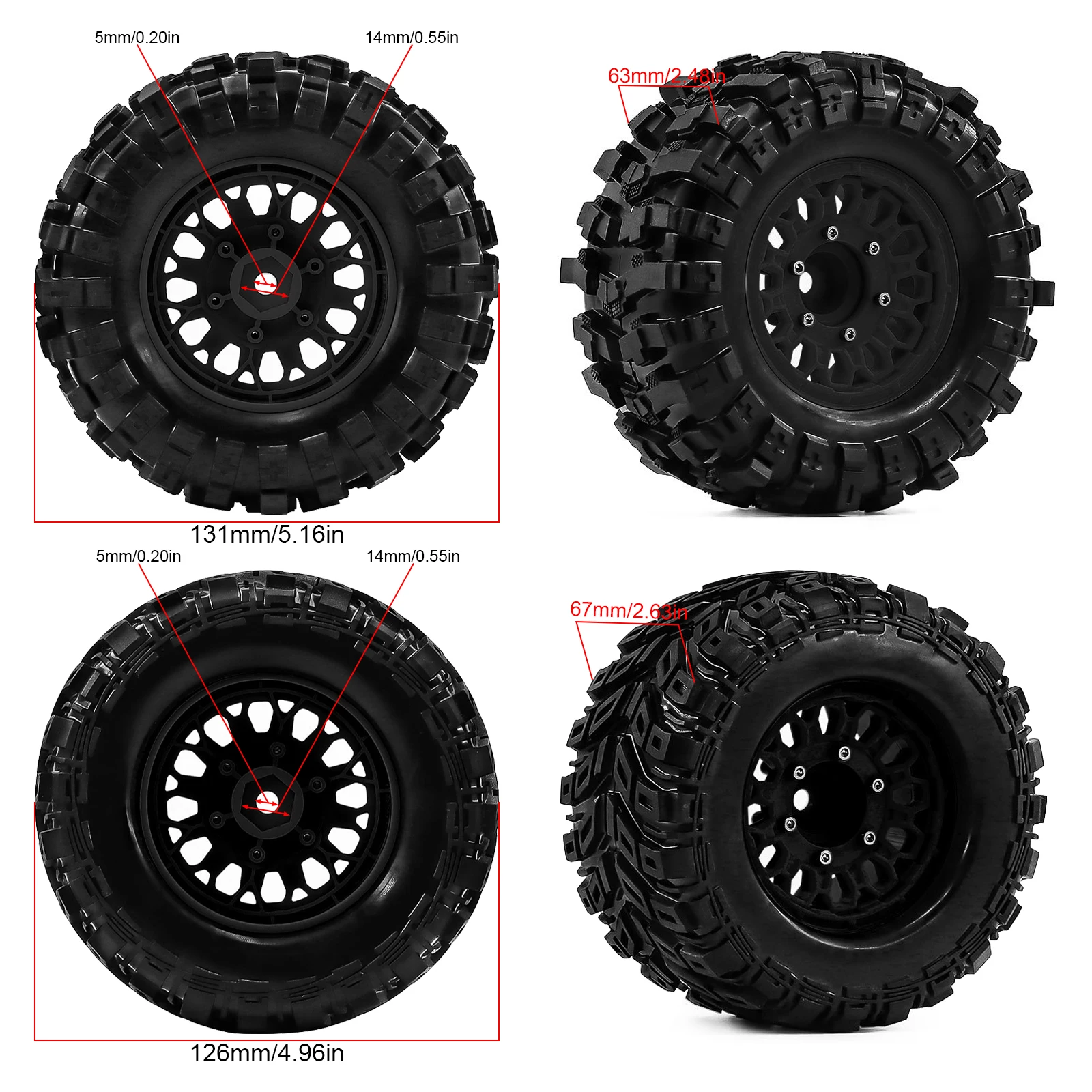 RCMMTING 4pcs RC Truck Tire & Plastic Wheels with 12/14/17mm Hex for ARRMA 1/10 Big Rock Granite Vortek Stampede Rustler Hoss