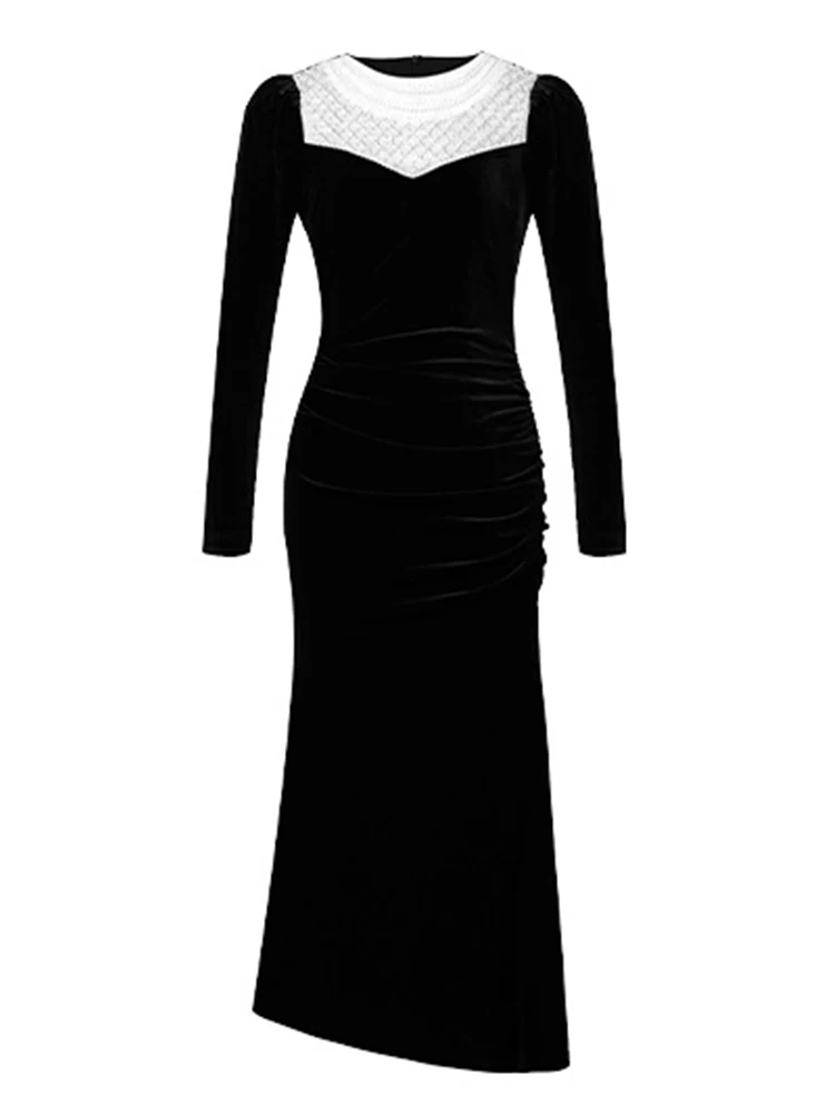 ชุดราตรีผู้หญิงสไตล์วินเทจหวานหรูหราประดับมุก จับจีบทรงหางปลา สีดำ ยาว สำหรับงานพรอม