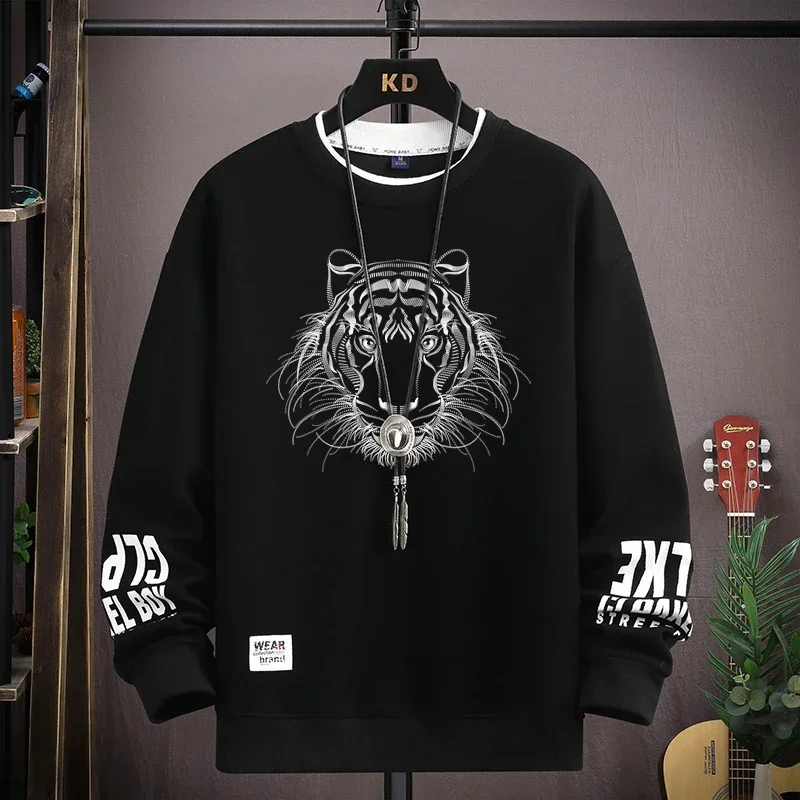 Outono moletom masculino hoodies tigre impresso manga longa camiseta moda roupas masculinas preto o pescoço harajuku topo 2024 novo