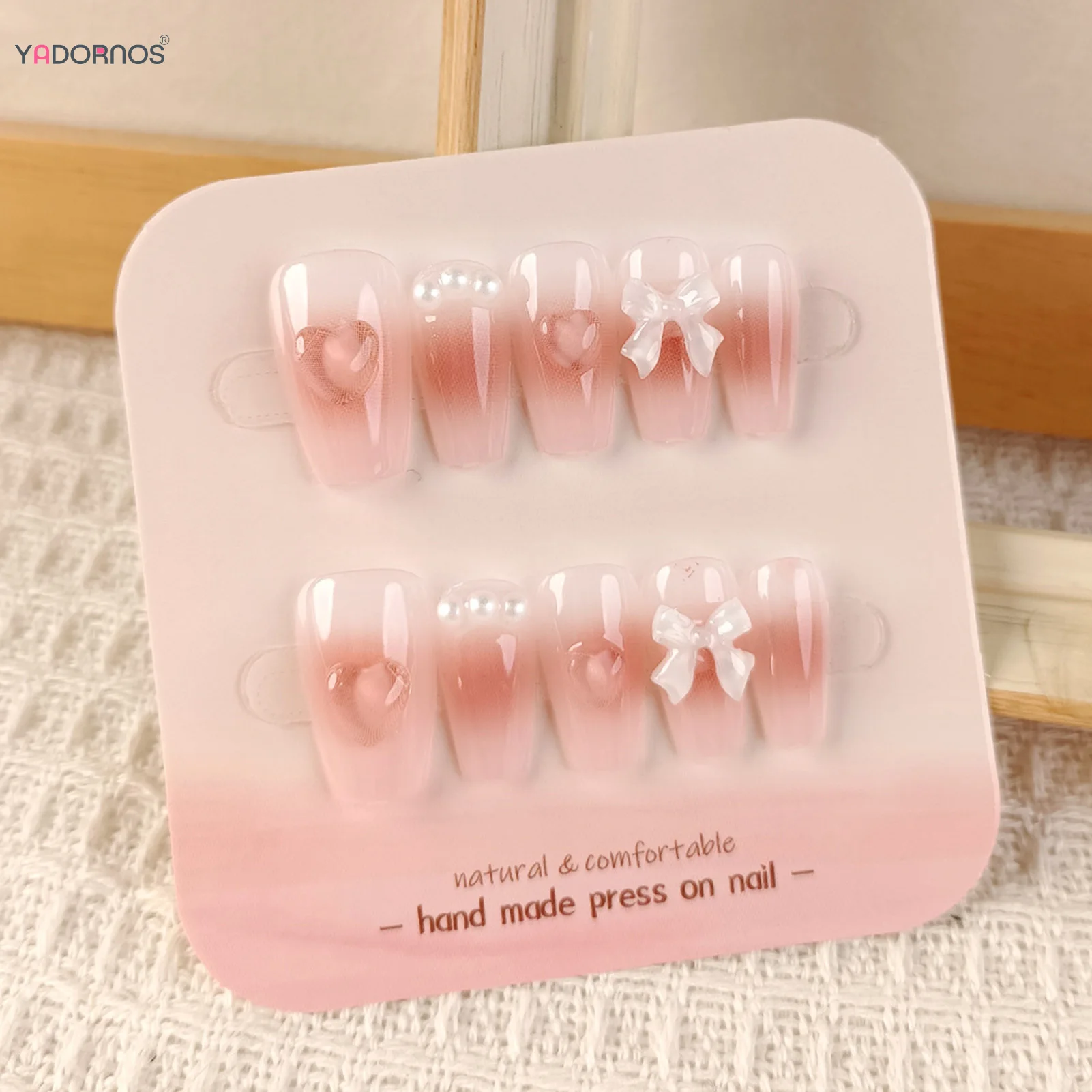 

Light Pink Handmade Press on Nails Gradient Color Fake Nails Love Heart Bowknot Designs Ballet False Nails Tips for Women Girls