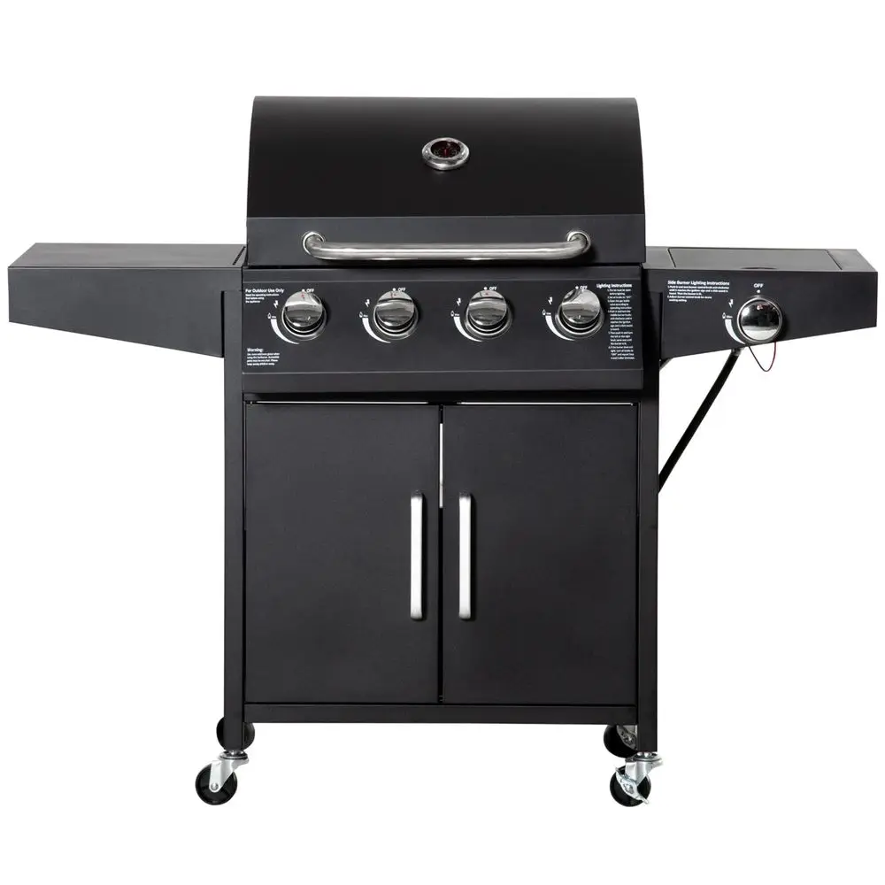 4 Burner Propane Gas Grill with Side Burner, 48,000 BTU Steel Outdoor Barbecue Grill with Cabinet, Shelf, Warming Rack, Thermom