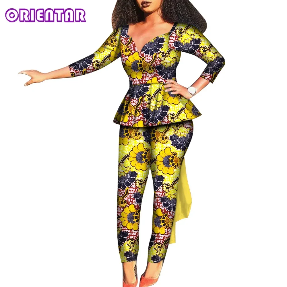 

2 Pcs Set African Clothes for Women African Print Long Sleeve Blouse Tops and Pants Women African Pants Set Outfit Suits WY7548