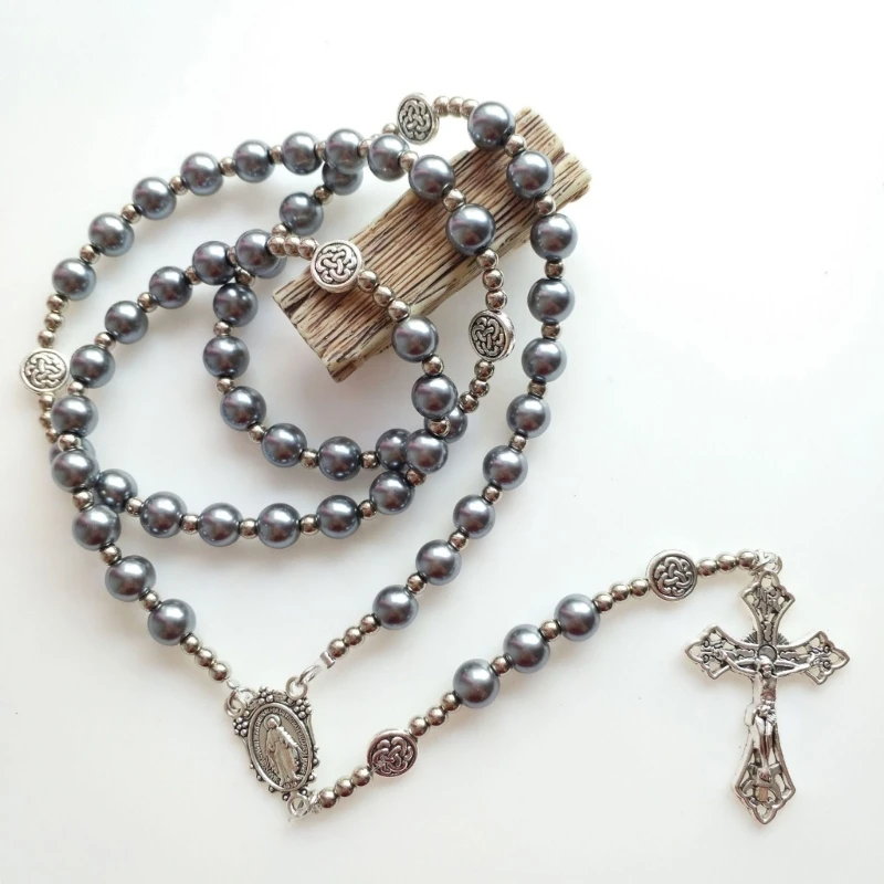 Handmade Glass Bead Rosary Catholic Necklace for Women Girls Jewelry Jesus for Cross Pendant Religious Prayer Necklaces Y5GB