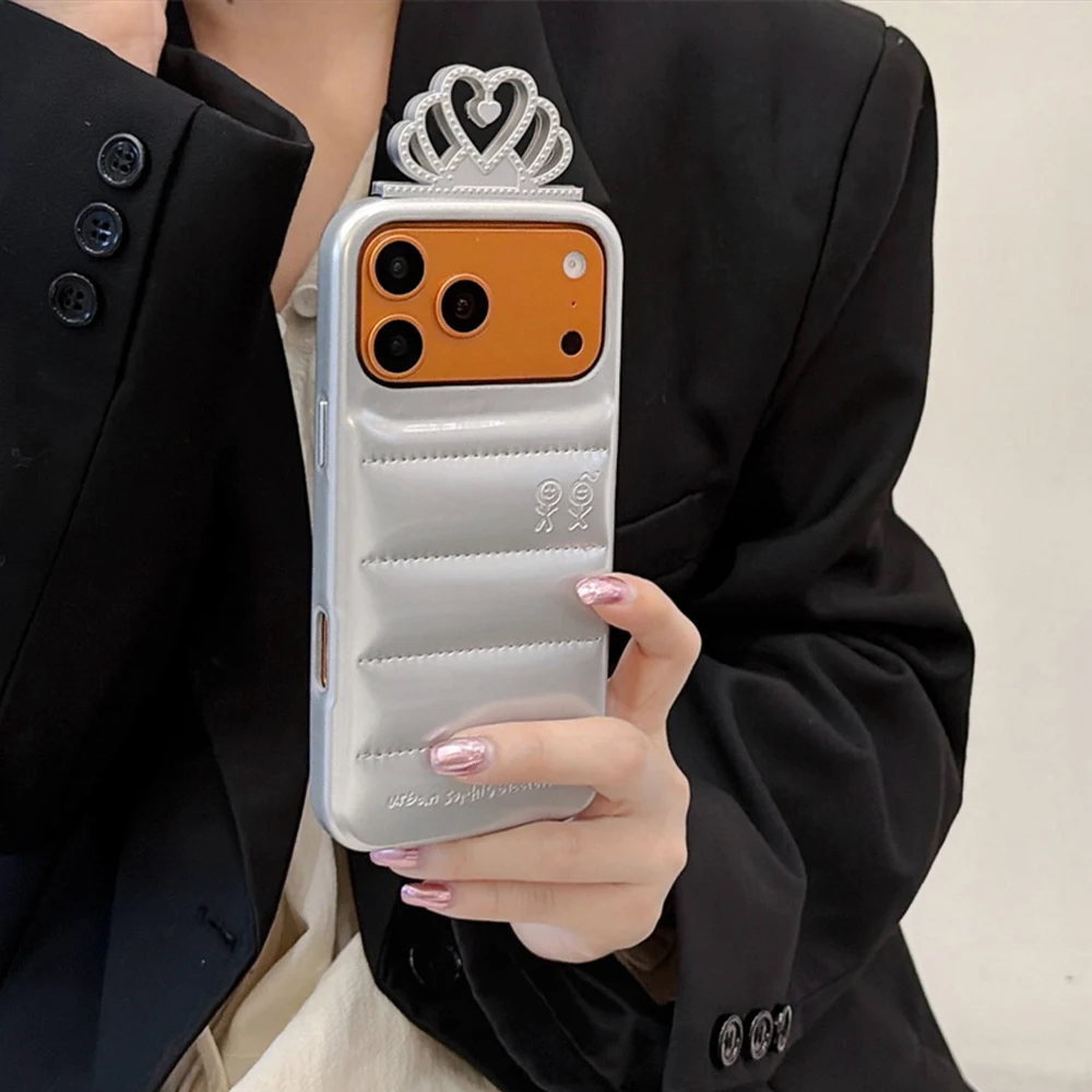 

Silver PU Leather Down Jacket Urban Sophistication Phone Case For iPhone 17 16 15 14 Pro Max 13 3D Love Heart Crown Back Cover