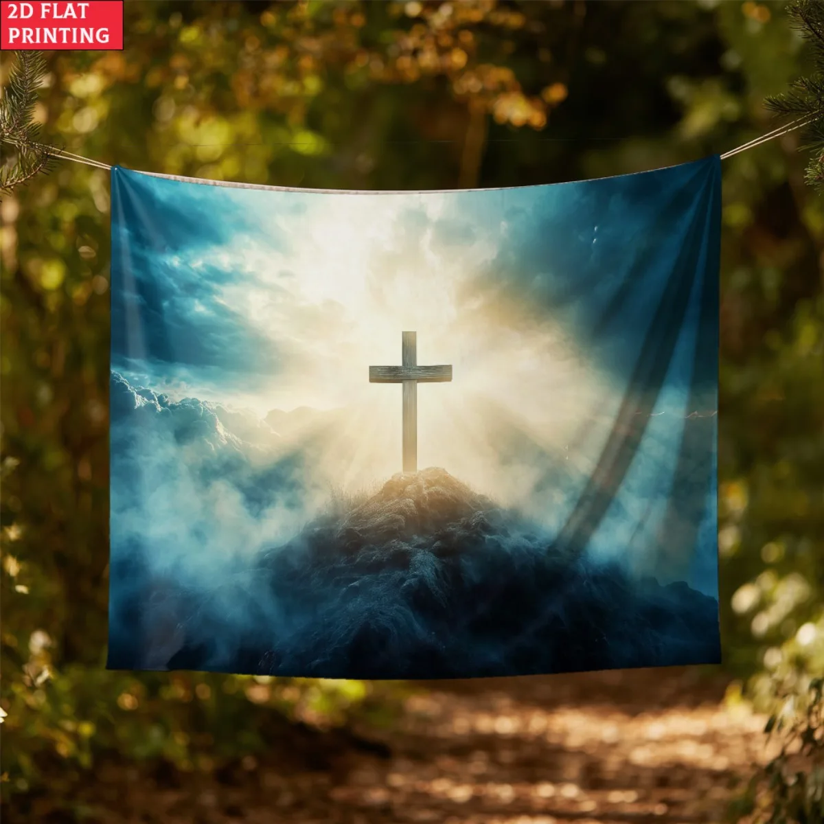 Mountain Cross Sky Wall Tapestry Religious Christian Art Light Ray Heaven Scene Home Decor 2D Flat Printing