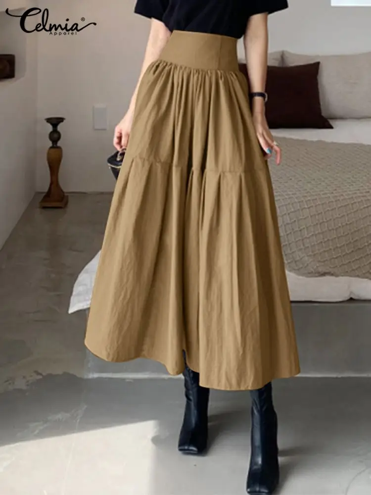 

Celmia Fashion Pleated Swing Long Skirt 2024 Vintage Office Skirts High Waist Women Zipper Party Jupe Korean Solid A-line Skirt