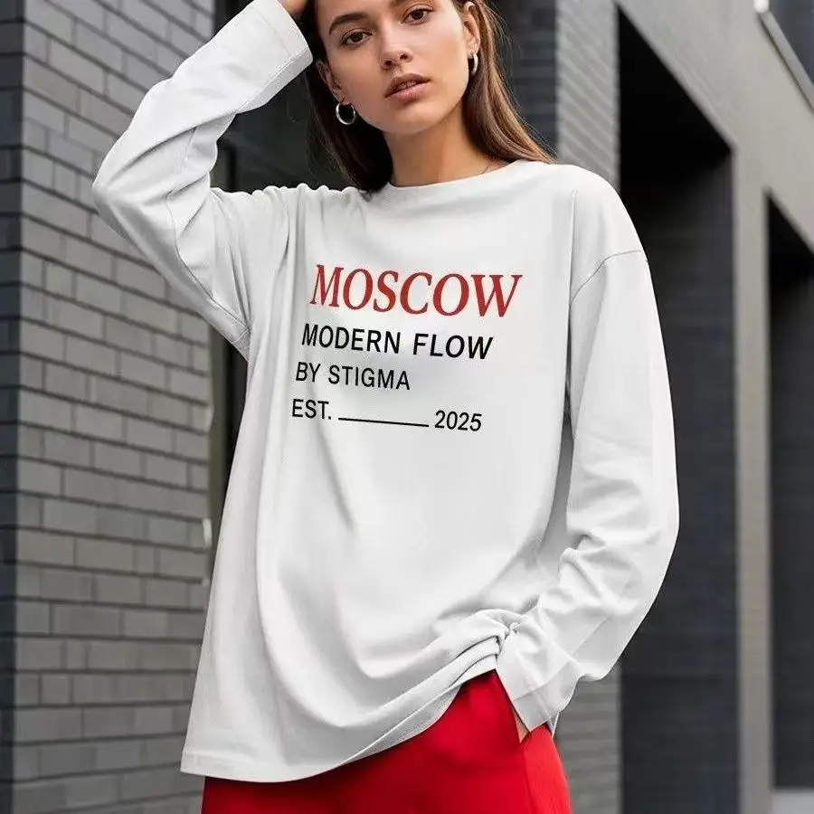 

Новая женская футболка-свитшот с длинным рукавом и принтом «Москва», 100% хлопок, простой дизайн, повседневный базовый топ, весна 2026