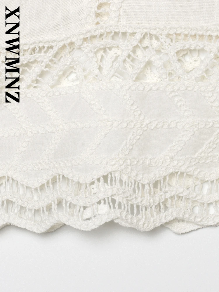 XNWMNZ 2025 ملابس نسائية صيفية أنيقة غير رسمية بياقة واقفة قميص كروشيه بسيط للسيدات بأكمام قصيرة بلوزة كلاسيكية بأكمام قصيرة