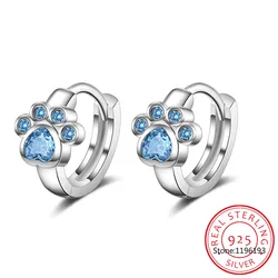 Baby Princess 925 Sterling Silver Blue Crystal Cute Pet Cat Paw Hoop Kolczyk dla dzieci Dziewczyna Kobiety Biżuteria z pętelką