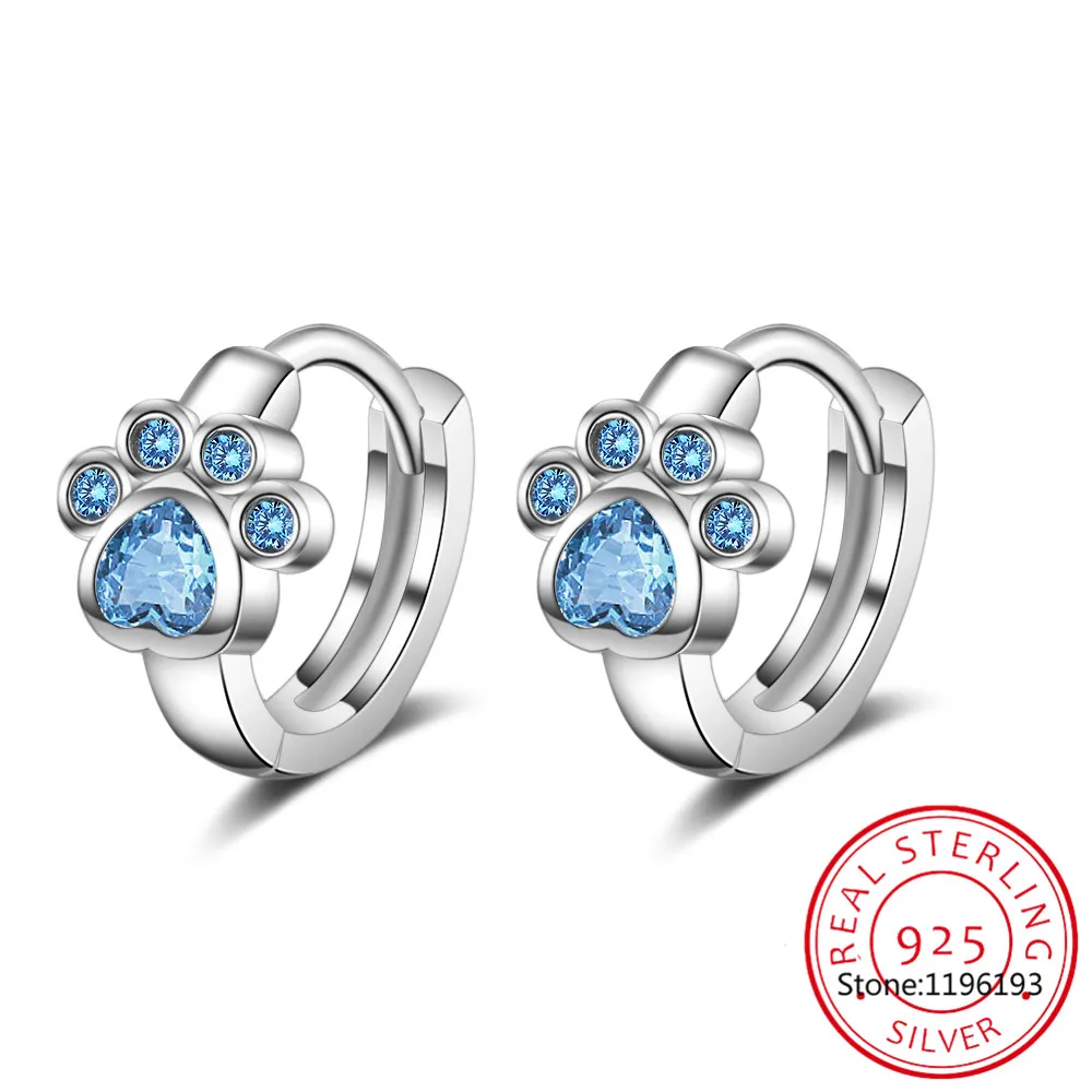 Baby Princess 925 Sterling Silver Blue Crystal Cute Pet Cat Paw Hoop Kolczyk dla dzieci Dziewczyna Kobiety Biżuteria z pętelką
