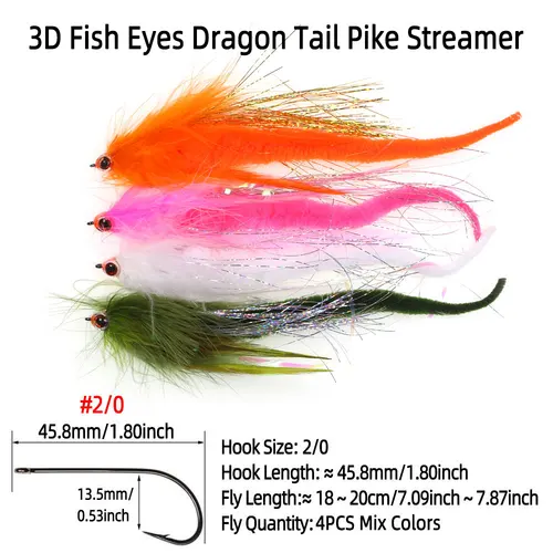 Imagen 2 del producto Bimoo 2/0 8 Uds Kit de serpentina de peces grandes con caja impermeable cola Dargon Pike Rainbow Zonker Streamer Fly Muskie Bass señuelos de peces de mar