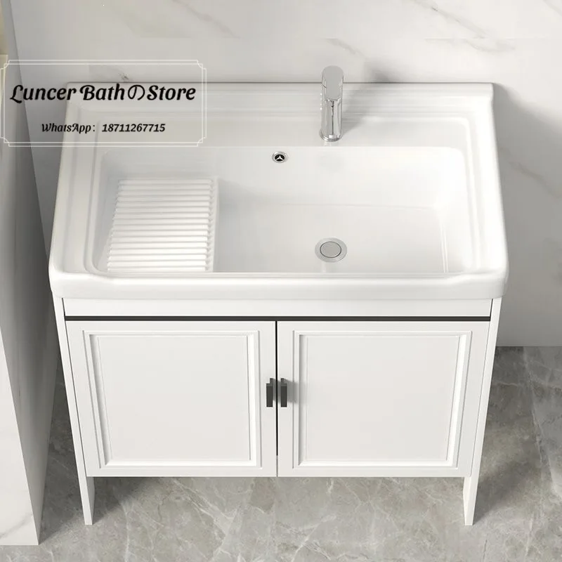 Carbon Fiber Laundry Sink for Balcony, Ceramic Hand Wash Basin with Scrubbing Board, Floor Standing Washbasin Cabinet