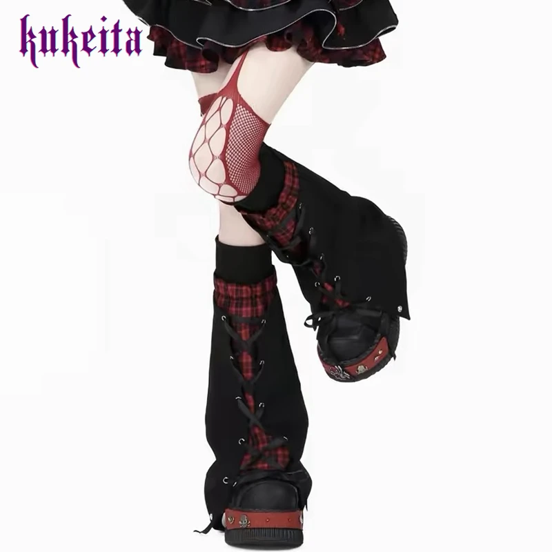 Kukeita Gothic Lolita Red Plaid Leg Warmers Socks Women Girls Y2K Punk Lace Up Flare Leg Covers Dark Rock Boots Socks Streetwear