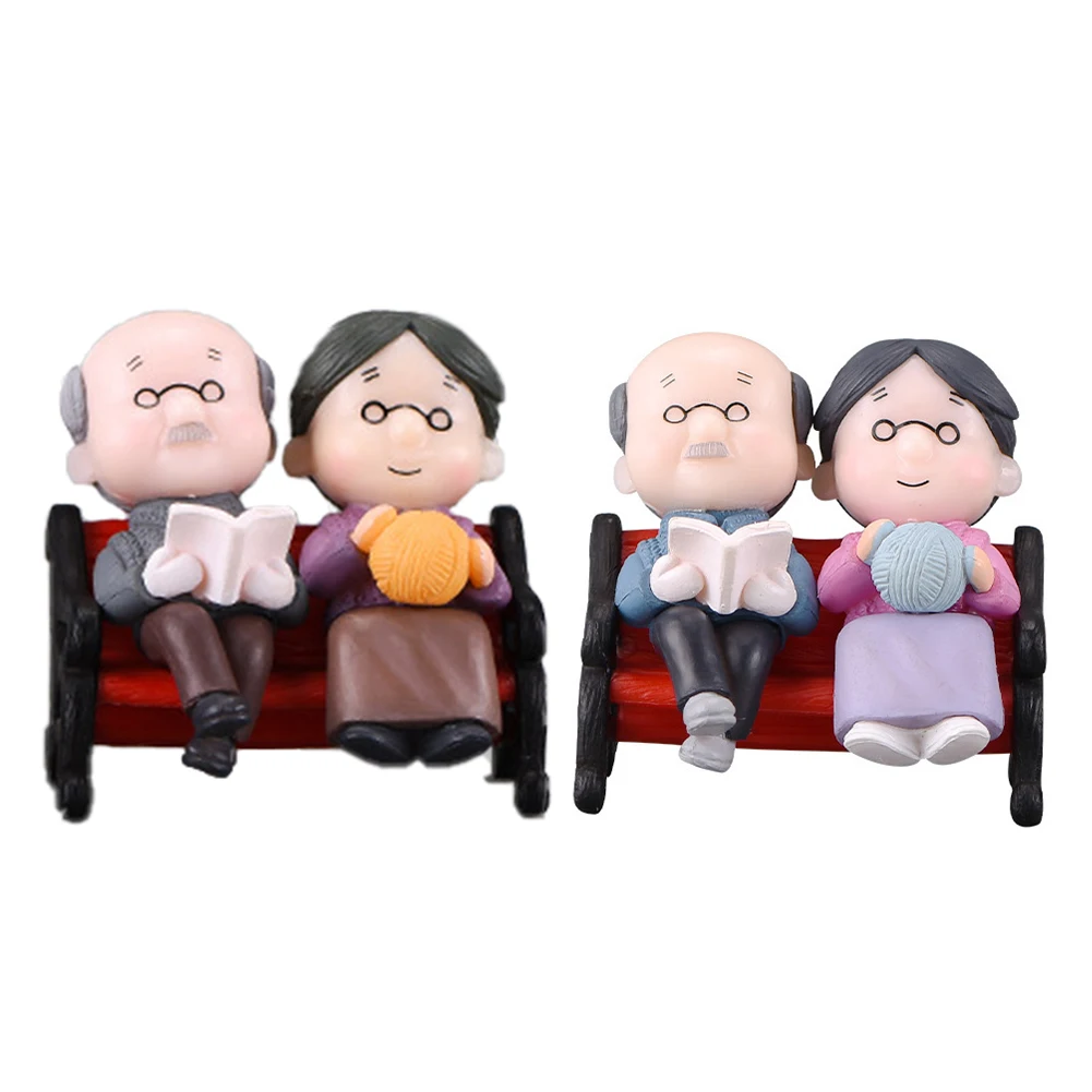 Micro Landscape Cartoon Cute Ornament Park Chair Grandpa Grandma Couple In Laws Plastic Craft Ornament