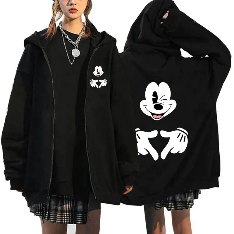 Black Mickey Mouse Men Zipper Hoodie Spring Autumn Oversized Women Sweatshirt Cartoon Anime Fashion Couple Clothes Coat Jackets