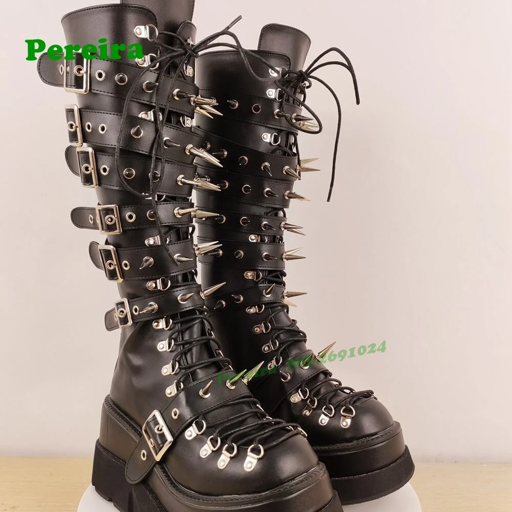 Black Studded Rock Punk Boots Round Toe Tank Soled Platform Gothic Gladiator Women's Knee High Boots Belt-Buckled Lace-Up Shoes