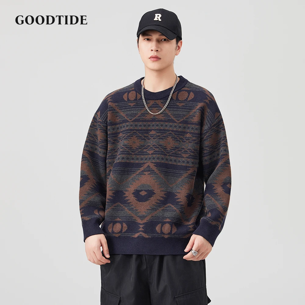 2025 Winter New Fashion Men's Ethnic Geometric Pattern Sweater Retro Crew Neck Knitted Pullover Soft Long Sleeve Jumper Top