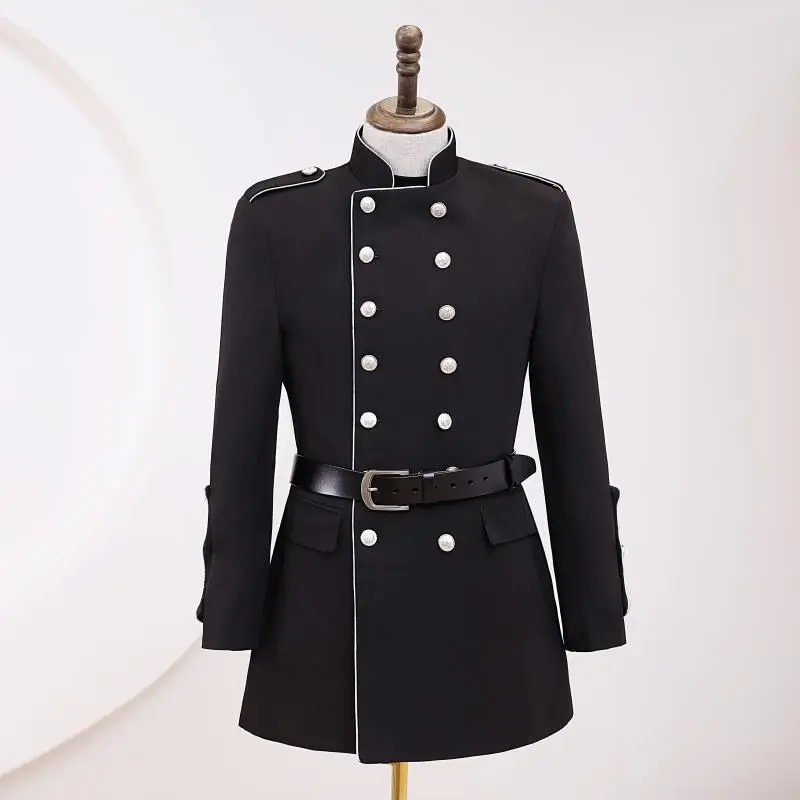 Men's Black Metal Chains Epaulet Blazer Suit Jacket Stand Collar Military Court Coat Singer Nightclub Stage Tuxedo