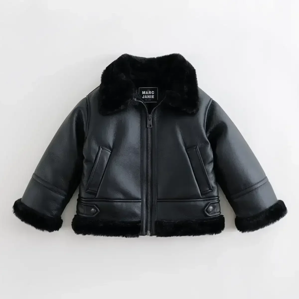 MARC&JANIE Boys Girls Fashion Faux Fur Leather Jacket Children's Thicken Warm Coat for Winter 231213