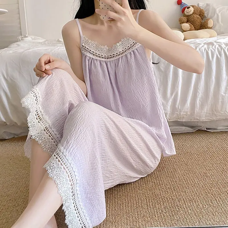 Women's Loose Pajama Set 2-Piece Sleeveless Cami Tops Lace Trim Wide Leg Long Pants Sleepwear Pyjama Summer Loungewear Nightwear