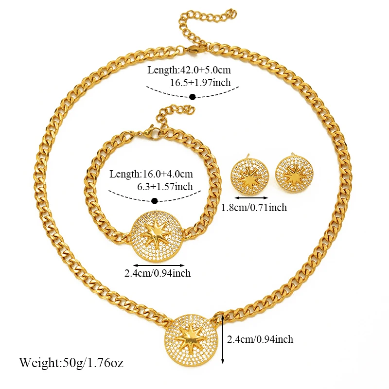 EILIECK 316L Edelstahl Runder Stern Strass Halskette Armbänder Ohrringe Set für Damen Trendiger Wasserdichter Beliebter Schmuck – Detail 6