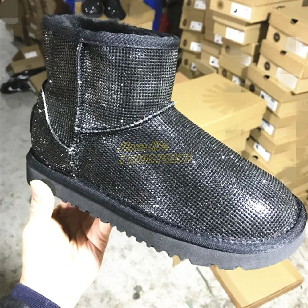 Crystal Snow Boots Round Toe Fur Lining Silver Gold Ankle Fashion 2024 Winter Bling Bling Women Shoes Flat