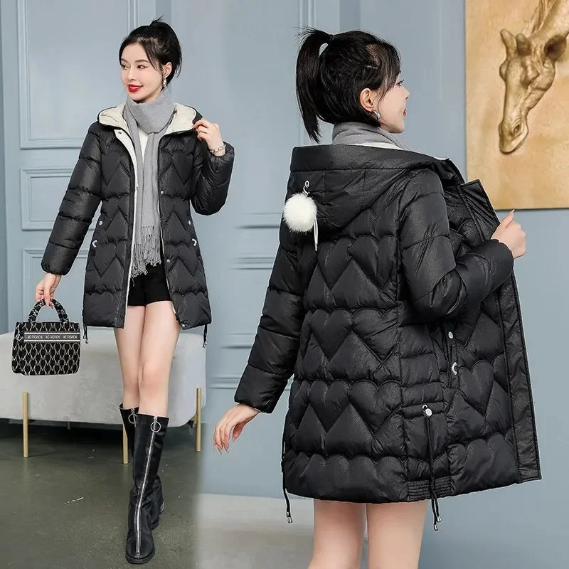 

2024 New Winter Women Hooded Down Padded Jacket Mid-Length Parka fashion Thick Warm Cotton Coat Female Casual slim overcoat T529