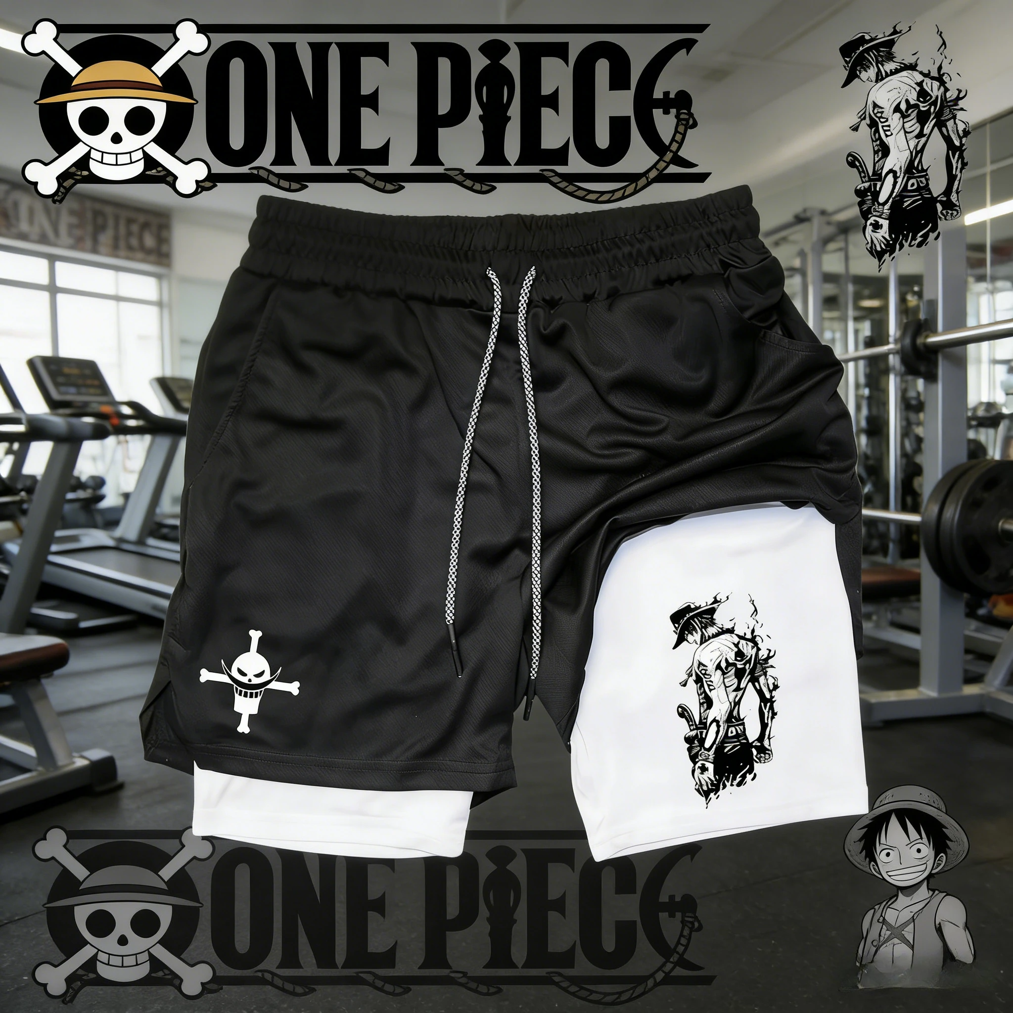 

2026 Summer One Piece Retro Double Layer Sports Shorts Men's Portgas D. Ace Whitebeard Jolly Roger Print Shorts for Adults