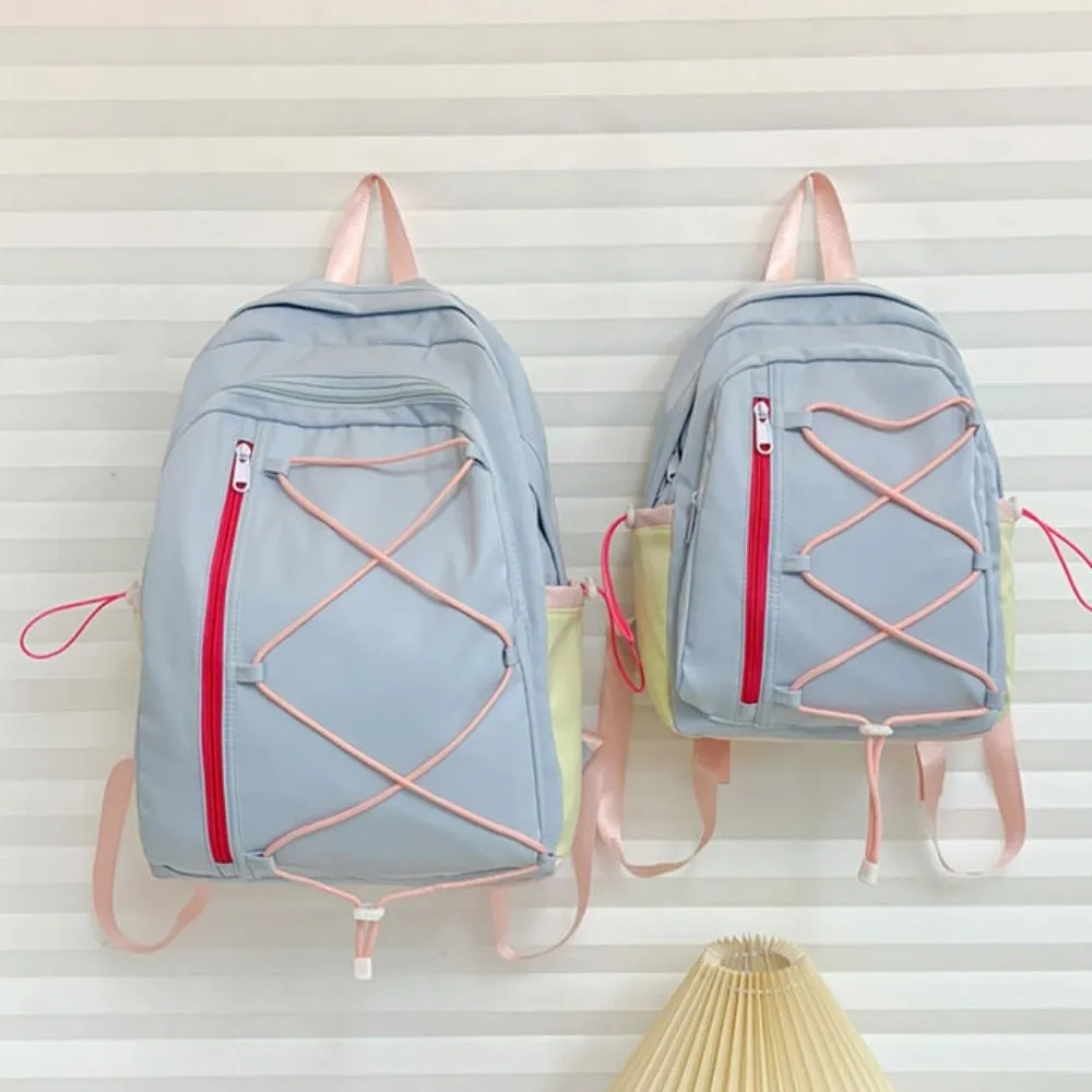 Multi-pockets Drawstring Backpack Large Capacity Solid Color Student School Bag Cloth Dopamine Travel Rucksack