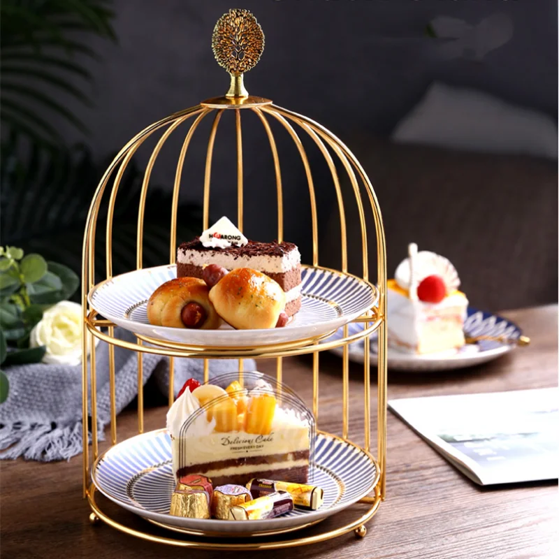 Iron Ceramic Cake Stand 2-layer Pan Dessert Plate Pastry Rack Candy Snack Tray Fruit Refreshment Dim Sum Plates