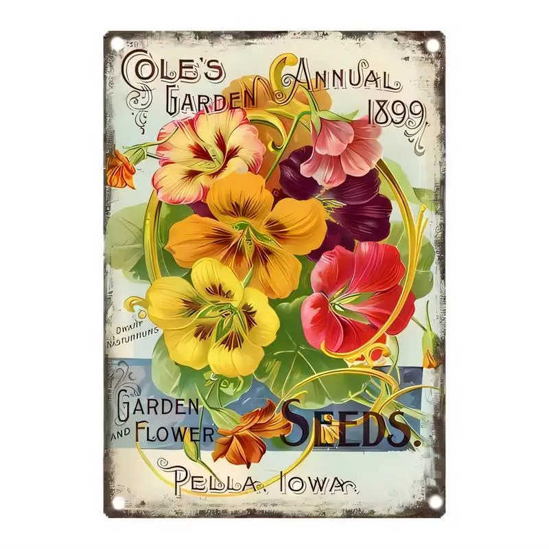 Vintage 1899 Cole's Garden Seeds Metal Tin Sign - Colorful Nasturtium Floral Design, Retro Iron Wall Art for Home/Garden/Café De