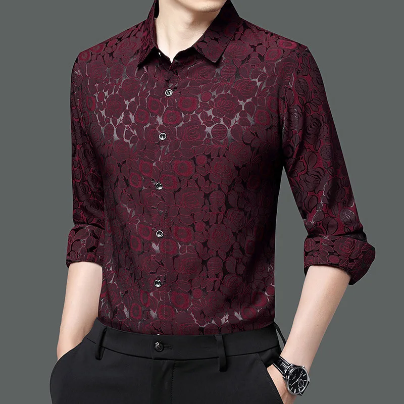 

Red Rose Floral Dress Shirts For Men High Quality Long Sleeve Wedding Prom Shirt Male Trend Social Banquet Nightclub Party Shirt